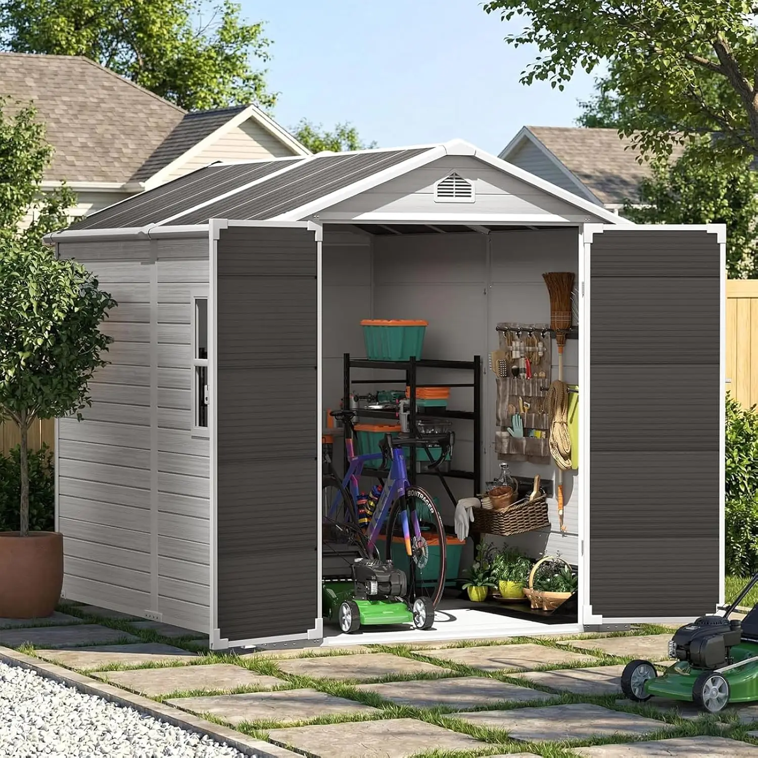 8x6 FT Outdoor Storage Shed Window Resin Floor Lockable Doors All Weather Plastic Garden Tool Backyard Patio Grey, Customized
8x6 FT Outdoor Storage Shed Window Resin Floor Lockable Doors All Weather Plastic Garden Tool Backyard Patio Grey, Customized