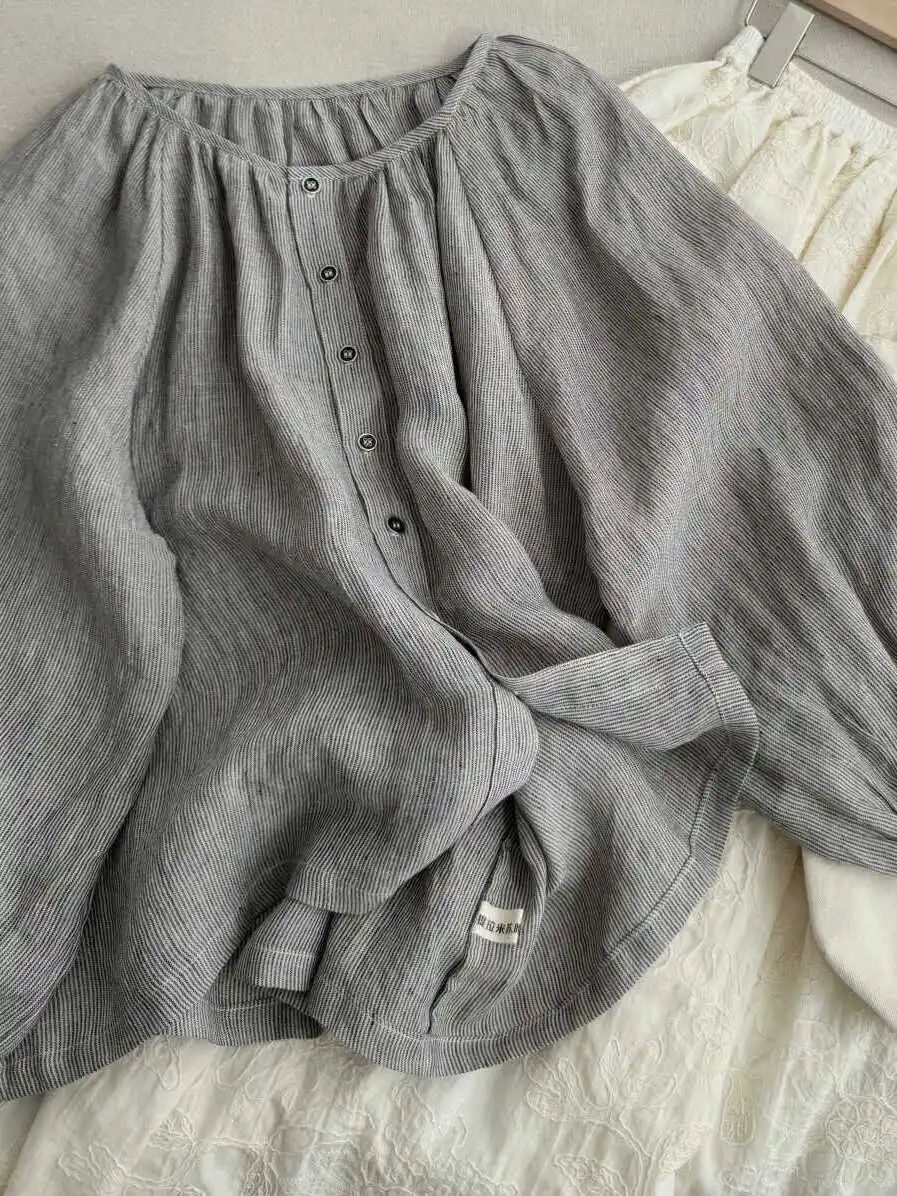 Loose Fit round Neck Seven Sleeve Shirt Linen Material Color Woven Stripes Women's Casual Style Commute Wind Summer Shirt
Loose Fit round Neck Seven Sleeve Shirt Linen Material Color Woven Stripes Women's Casual Style Commute Wind Summer Shirt