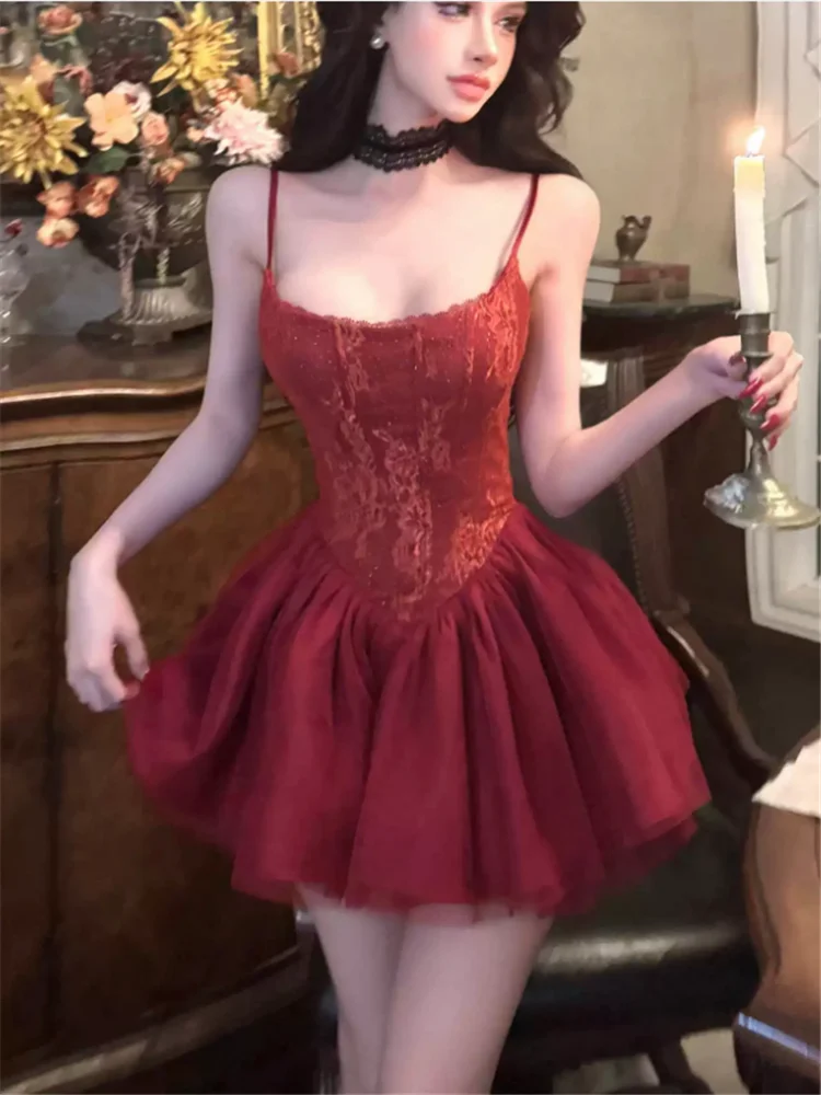Celebrity Lady Red Lace Birthday Party Mini Dress Slash Neck Hollow Back Ball Gown Princess Girl Suspender Mesh Fluffy Dress
Celebrity Lady Red Lace Birthday Party Mini Dress Slash Neck Hollow Back Ball Gown Princess Girl Suspender Mesh Fluffy Dress