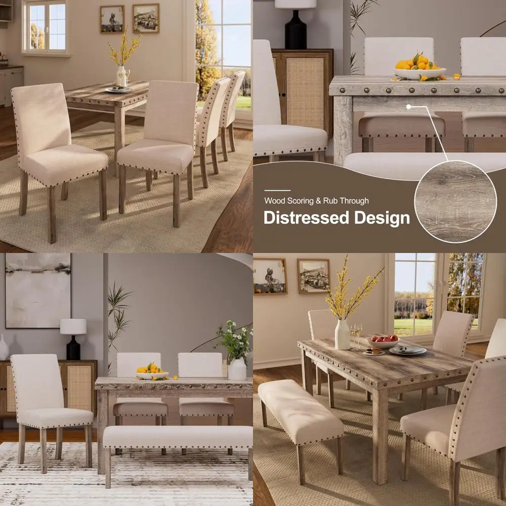 Dining Table Set or 6, armhouse Wooden Table & Upholstered Bench & 4 Dining Chairs, Kitchen Dining Set with NailAccents, Recular
Dining Table Set or 6, armhouse Wooden Table & Upholstered Bench & 4 Dining Chairs, Kitchen Dining Set with NailAccents, Recular