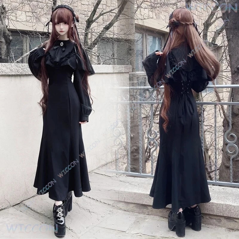 Jirai Kei Long Dress Japanese Style Kawaii Y2K All black Lace Bow Lolita Long Sleeve Slims Gothic Waist Party Women Girls Outfit
Jirai Kei Long Dress Japanese Style Kawaii Y2K All black Lace Bow Lolita Long Sleeve Slims Gothic Waist Party Women Girls Outfit