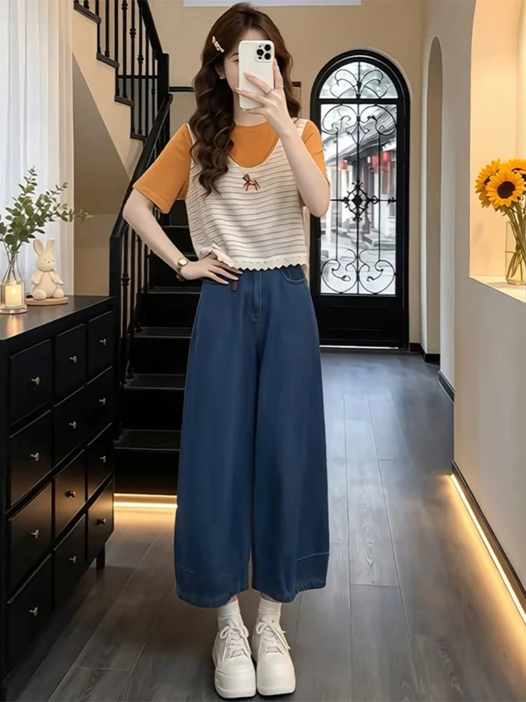 round Neck Short Sleeve T-Shirt Striped Knitted Vest Jeans Wide Leg Pants Set New 2026 Women's Fashion Three Piece Suit
round Neck Short Sleeve T-Shirt Striped Knitted Vest Jeans Wide Leg Pants Set New 2026 Women's Fashion Three Piece Suit