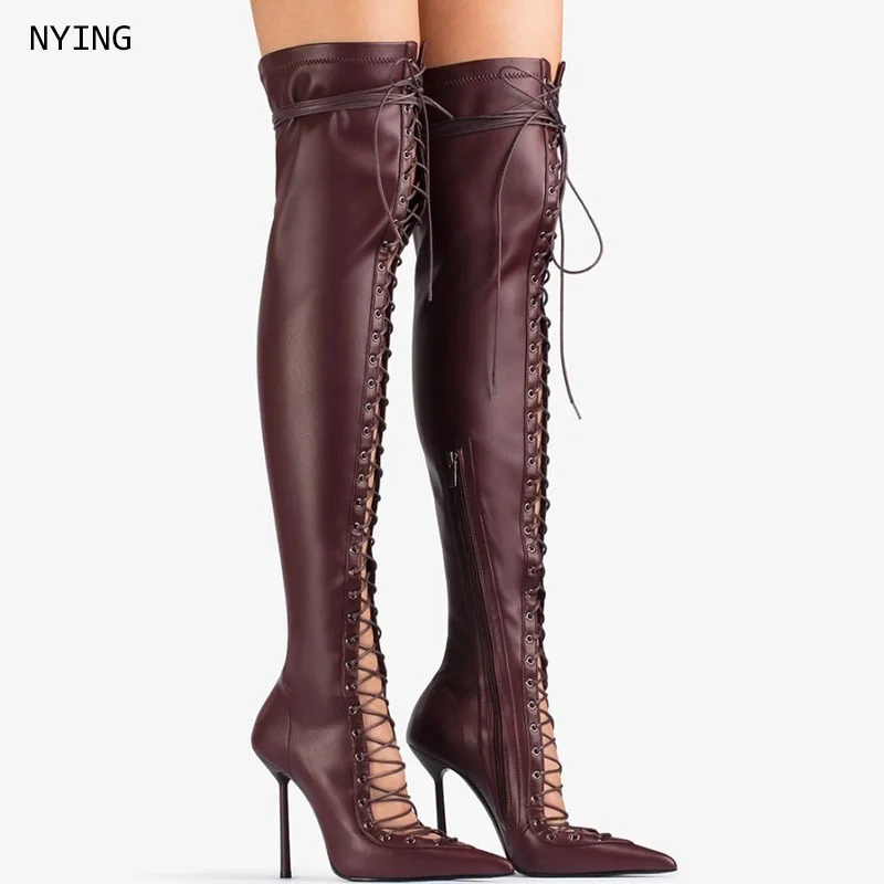 Женские пикантные длинные ботинки с острым носком на шнуровке, коричневые сапоги выше колена на тонком каблуке, длинные сапоги на шпильке 44
Женские пикантные длинные ботинки с острым носком на шнуровке, коричневые сапоги выше колена на тонком каблуке, длинные сапоги на шпильке 44