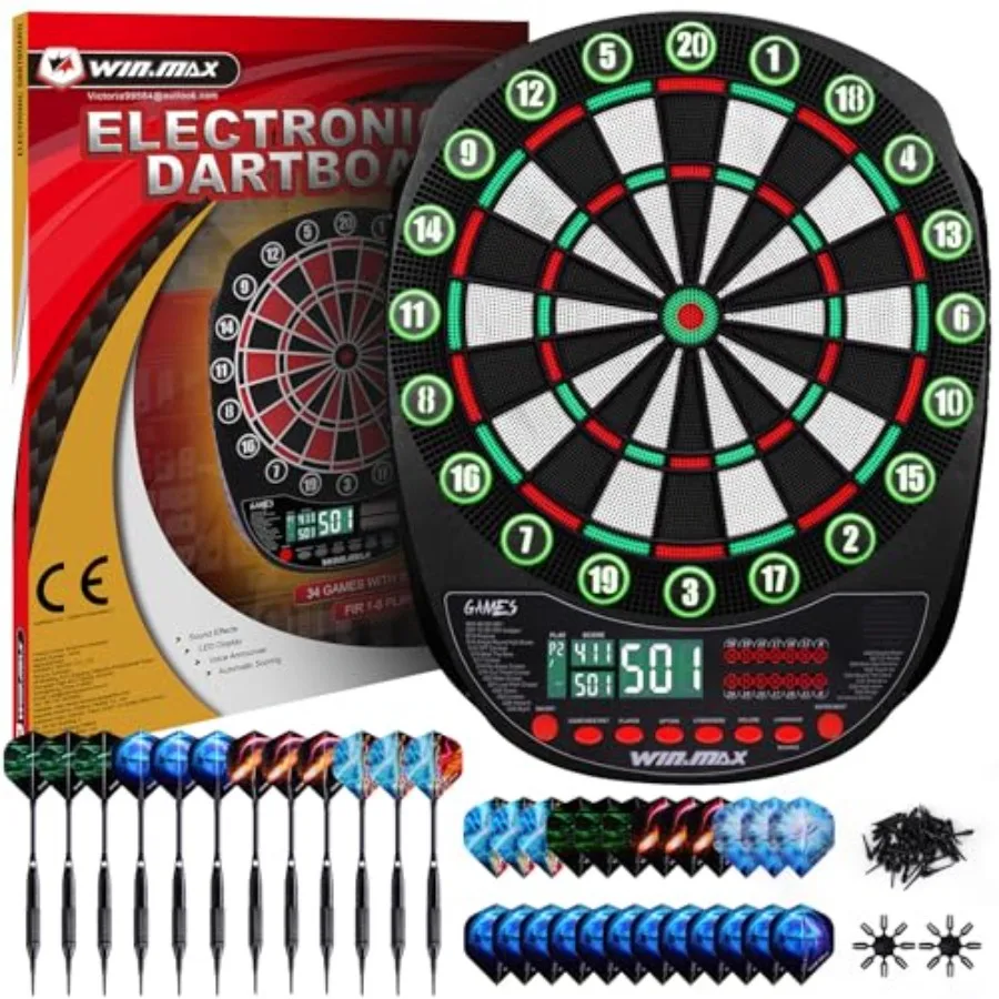Electronic dart board for home and pub use, sisal fiber with black and red colors, LED display showing 3 languages, includes 12
Electronic dart board for home and pub use, sisal fiber with black and red colors, LED display showing 3 languages, includes 12
