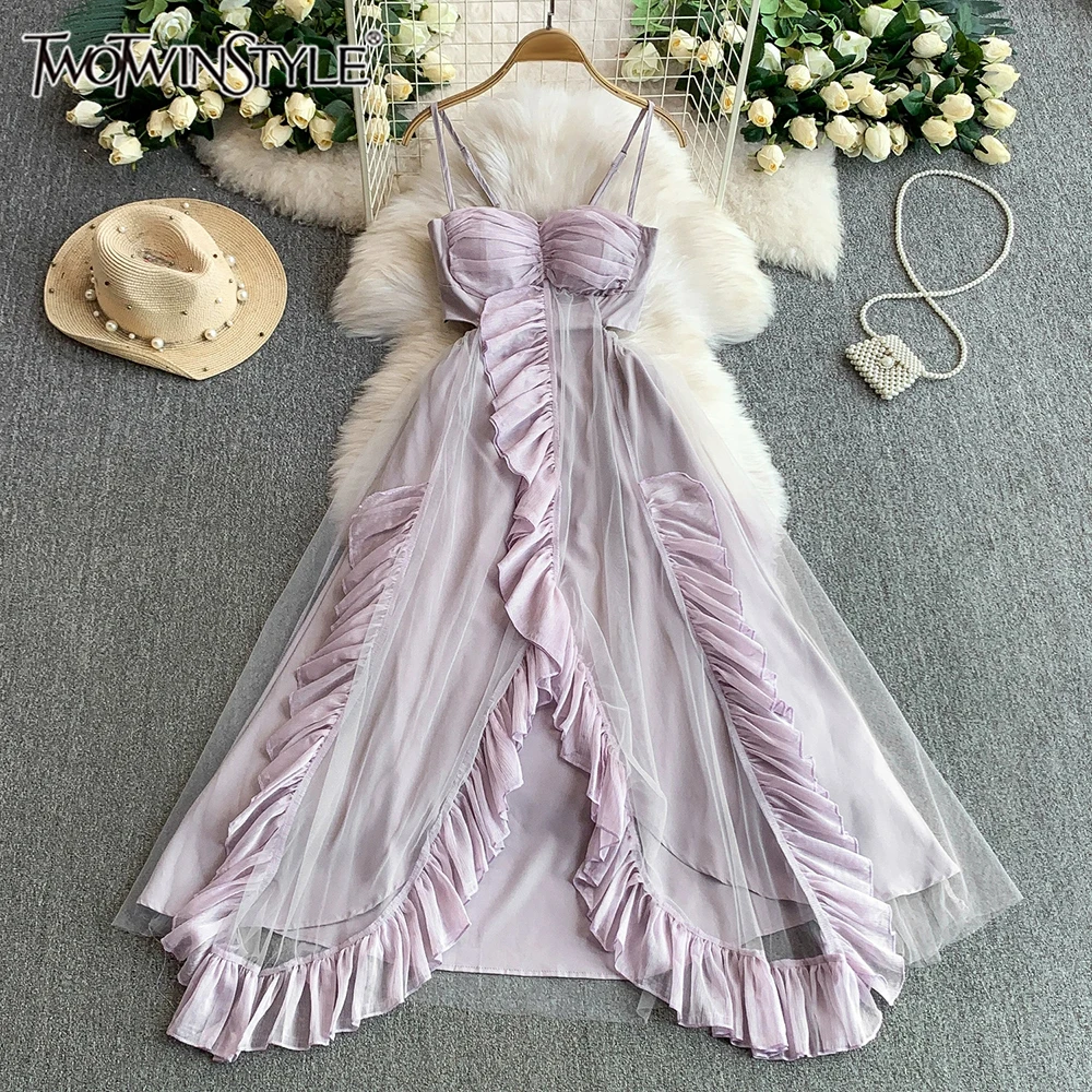 TWOTWINSTYLE Sexy Solid Spliced Folds Dresses For Women Camisole Sleeveless Backless High Waist Elegant Dress Female KDR541906
TWOTWINSTYLE Sexy Solid Spliced Folds Dresses For Women Camisole Sleeveless Backless High Waist Elegant Dress Female KDR541906