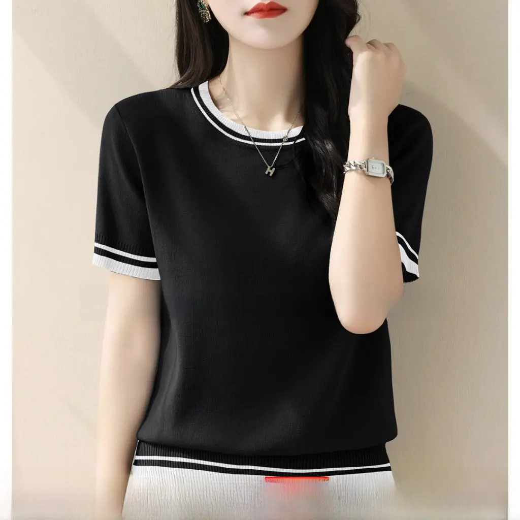 Women's Summer Fashionable Knitted Ice Silk T-shirt round Neck Short-Sleeved Loose Slimming Green Top Color-Matching
Women's Summer Fashionable Knitted Ice Silk T-shirt round Neck Short-Sleeved Loose Slimming Green Top Color-Matching