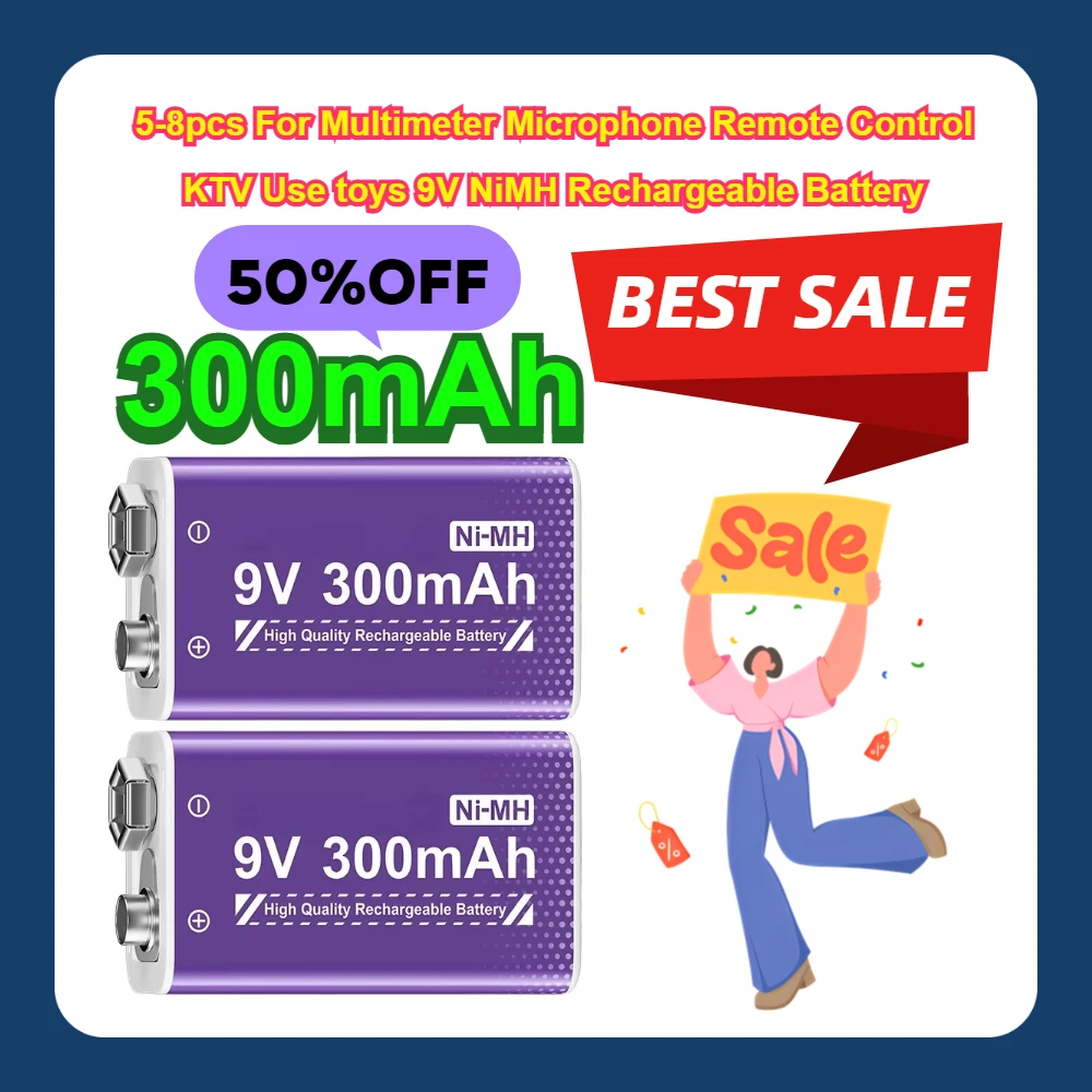 300mAh 5-8pcs For Multimeter Microphone Remote Control KTV Use toys 9V NiMH Rechargeable Battery
300mAh 5-8pcs For Multimeter Microphone Remote Control KTV Use toys 9V NiMH Rechargeable Battery