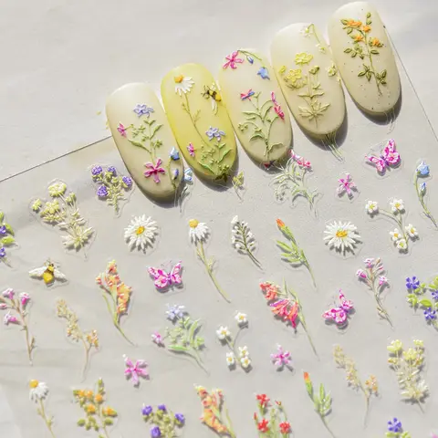 Vivid Wildflowers Daisy Violet Lavender Colorful Dried Flowers Garden Spring Nail Art Stickers Butterfly Bee Manicure Tool Decal