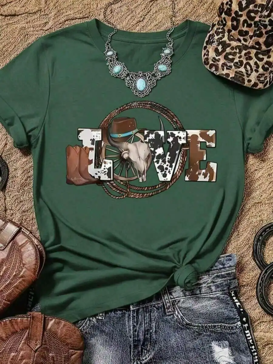 Womens Casual Green T-Shirt With Love Letter Print And Western Elements Loose Fit Round Neck Short Sleeve
Womens Casual Green T-Shirt With Love Letter Print And Western Elements Loose Fit Round Neck Short Sleeve