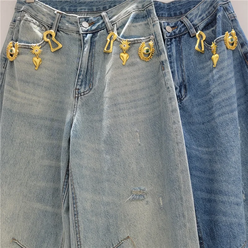 American New Spring Autumn Straight Denim Pants All-match Vintage Metal Buckle Decoration Wide Leg Full Length Casual Jeans
American New Spring Autumn Straight Denim Pants All-match Vintage Metal Buckle Decoration Wide Leg Full Length Casual Jeans