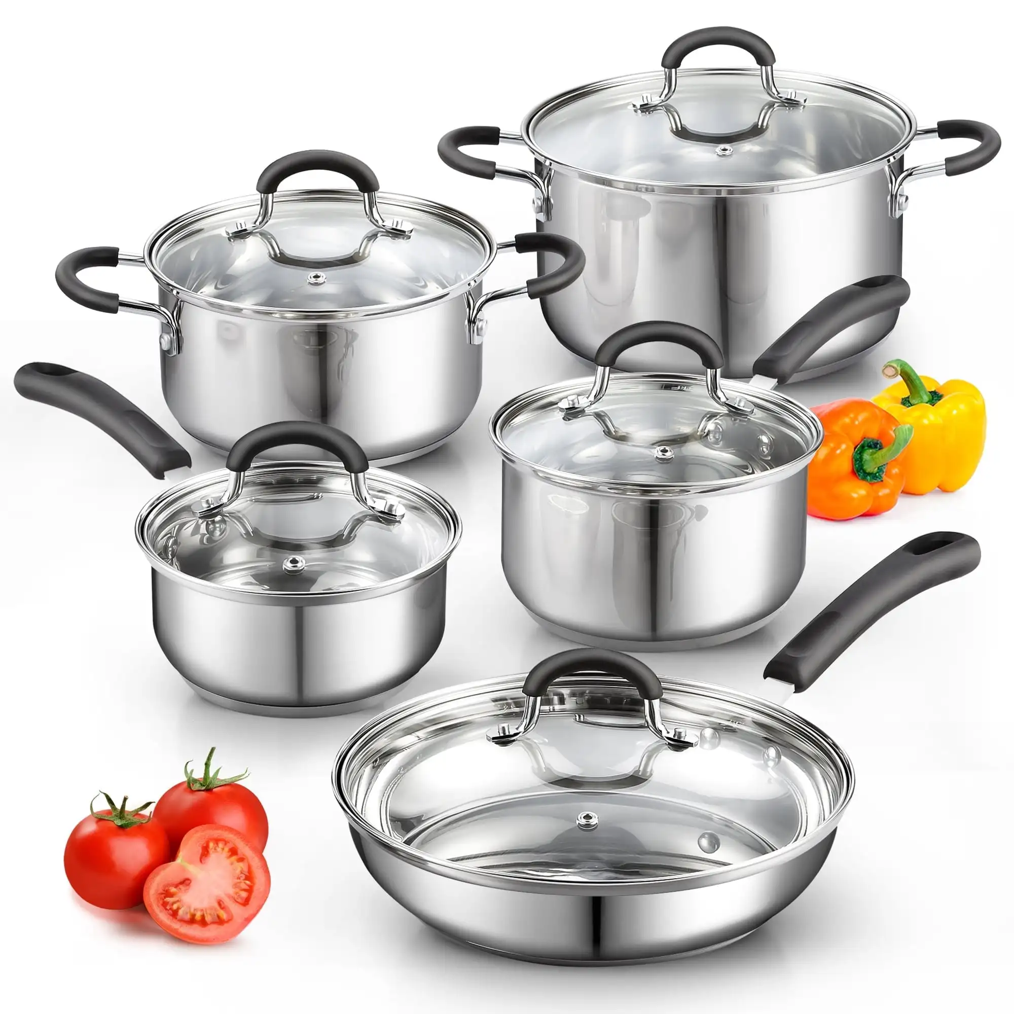 Stainless Steel Cookware Sets 10-Piece, Pots and Pans Kitchen Cooking Set with Stay-Cool Handles, Dishwasher Safe, Silver
Stainless Steel Cookware Sets 10-Piece, Pots and Pans Kitchen Cooking Set with Stay-Cool Handles, Dishwasher Safe, Silver