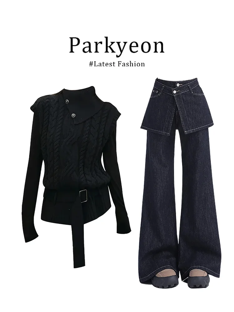 Parkyeon Women's Black Long Sleeve Knitted Sweater Vest Top Winter Fashion Set Three-Piece Denim Pants Ensemble American Style
Parkyeon Women's Black Long Sleeve Knitted Sweater Vest Top Winter Fashion Set Three-Piece Denim Pants Ensemble American Style