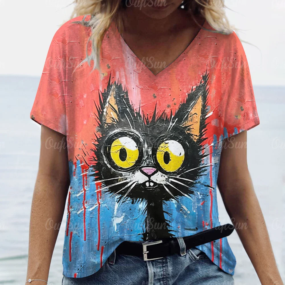 Funny Cat Print Women's T-Shirts Top Short Pullover Sleeved Fashion Casual V-Neck Oversize Tee Shirt Female Summer Clothing 2024
Funny Cat Print Women's T-Shirts Top Short Pullover Sleeved Fashion Casual V-Neck Oversize Tee Shirt Female Summer Clothing 2024