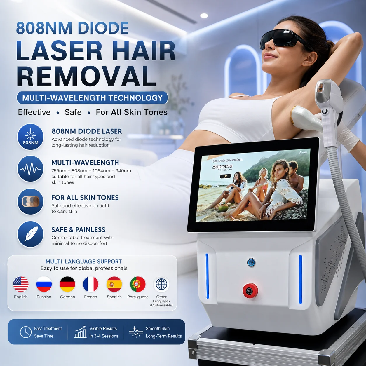 Ice Platinum Epilator 808nm Diode Laser Hair Removal 4000w Depilator Machine Home Skin Rejuvenation for Whole Body Treatment
Ice Platinum Epilator 808nm Diode Laser Hair Removal 4000w Depilator Machine Home Skin Rejuvenation for Whole Body Treatment