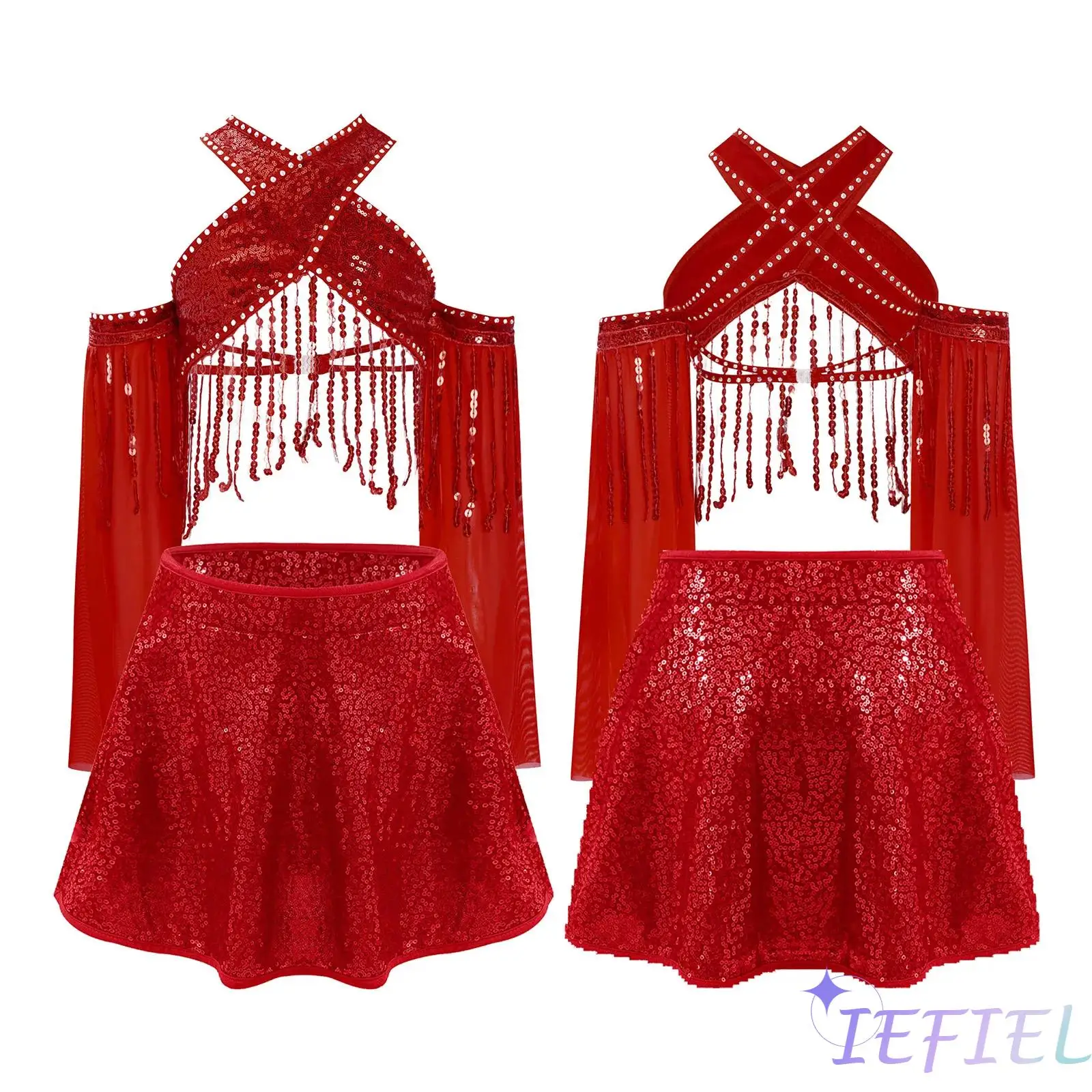 Kids Girls Belly Dance Outfits Shiny Sequin Tassels Cross Crop Top Sequined Skirt for Latin Jazz Samba Stage Performance Costume
Kids Girls Belly Dance Outfits Shiny Sequin Tassels Cross Crop Top Sequined Skirt for Latin Jazz Samba Stage Performance Costume