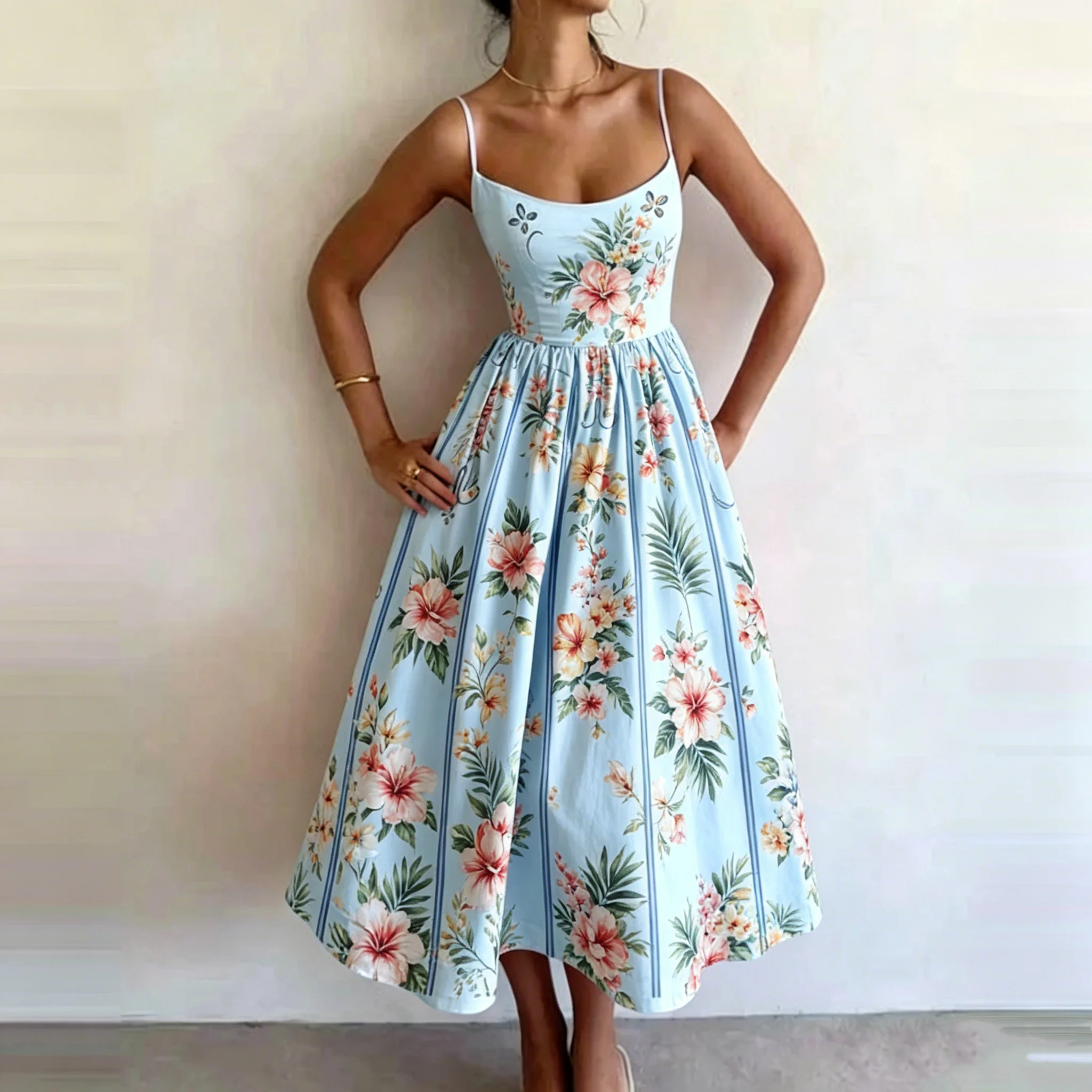 Women's Fashion Floral Print Spaghetti Strap Midi Dress A-Line High Waist Casual Elegant Beach Vacation 2026 Summer Dresses
Women's Fashion Floral Print Spaghetti Strap Midi Dress A-Line High Waist Casual Elegant Beach Vacation 2026 Summer Dresses