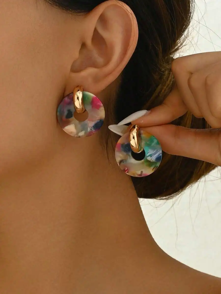 Vibrant Multicolor Swirl Acrylic Round Earrings With Gold-Tone Hoop Accent, Chic Women’s Jewelry For Casual, Travel, And Gifting
Vibrant Multicolor Swirl Acrylic Round Earrings With Gold-Tone Hoop Accent, Chic Women’s Jewelry For Casual, Travel, And Gifting