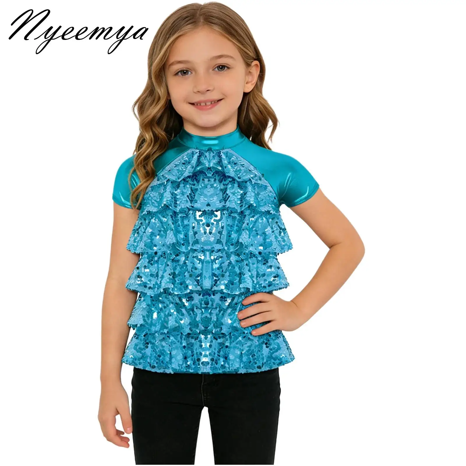 Kids Girls Sequins Dance Tops Mesh Tiered Crop Top Short Sleeve Party Show Dance Wear Competition Stage Performance Clothing
Kids Girls Sequins Dance Tops Mesh Tiered Crop Top Short Sleeve Party Show Dance Wear Competition Stage Performance Clothing