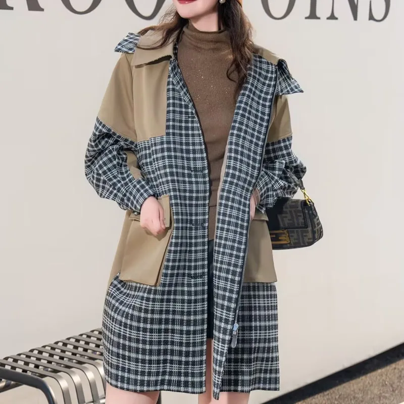 Women Trench coat Long Sleeve Single Breasted Hooded Coat With Belt Classic Plaid Patchwork
Women Trench coat Long Sleeve Single Breasted Hooded Coat With Belt Classic Plaid Patchwork