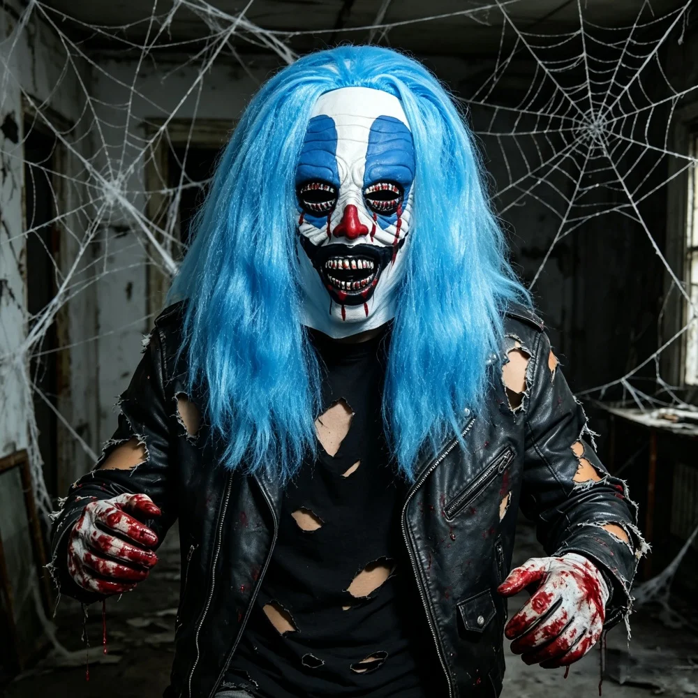 Horror Killer Clown Latex Mask Bloody Blue Long Hair for Halloween Party Haunted House Cosplay Costume props
Horror Killer Clown Latex Mask Bloody Blue Long Hair for Halloween Party Haunted House Cosplay Costume props