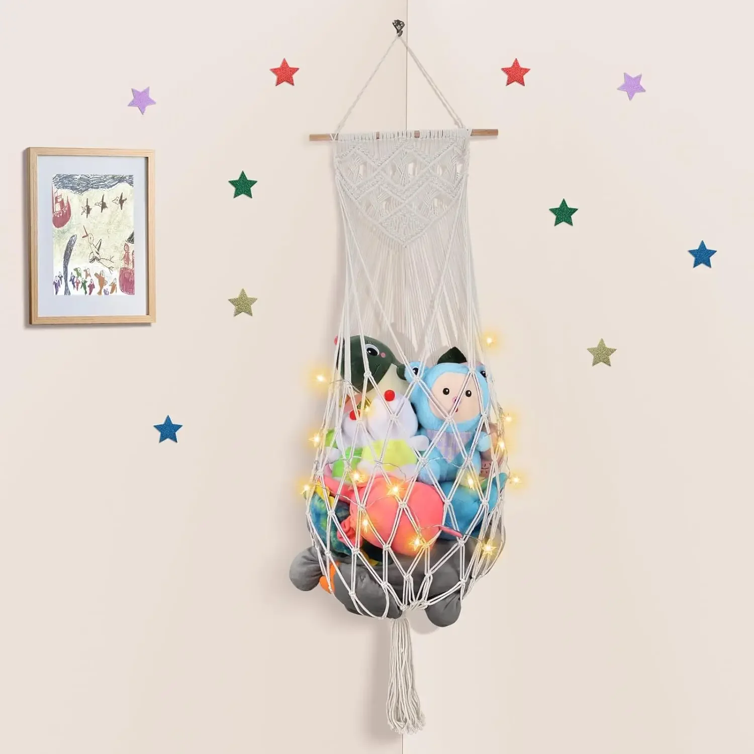 63" Jumbo Stuffed Animal Storage with LED Star Light, Toy Hammock Wall Ceiling Over Door Hanging Organizer for Nursery, Cream
63" Jumbo Stuffed Animal Storage with LED Star Light, Toy Hammock Wall Ceiling Over Door Hanging Organizer for Nursery, Cream