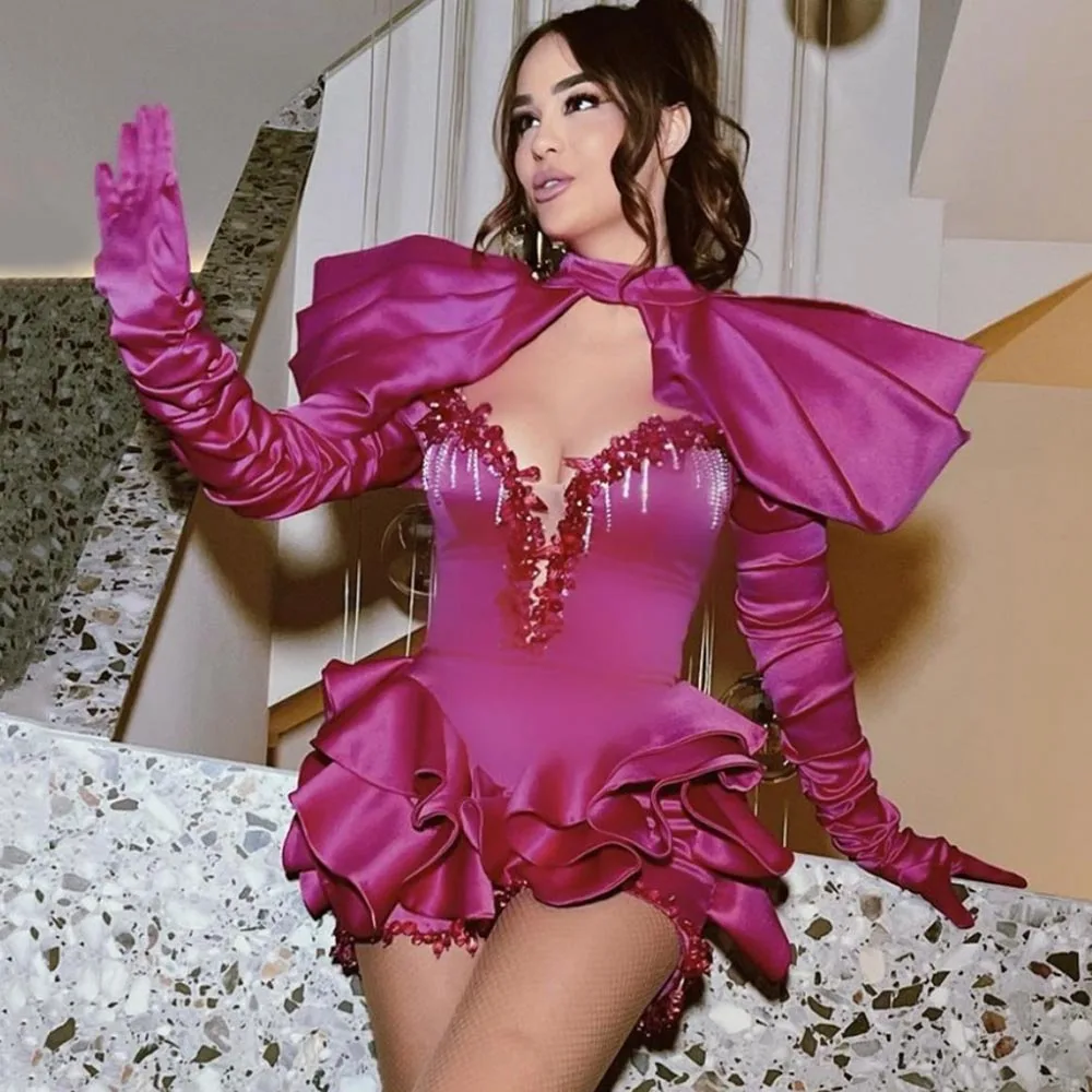 High Neck Ruffles Fuchsia Woman Cocktail Gowns Layered Long Sleeve Mini Party Dresses For Women Custom Made Sequins Beaded Dress
High Neck Ruffles Fuchsia Woman Cocktail Gowns Layered Long Sleeve Mini Party Dresses For Women Custom Made Sequins Beaded Dress
