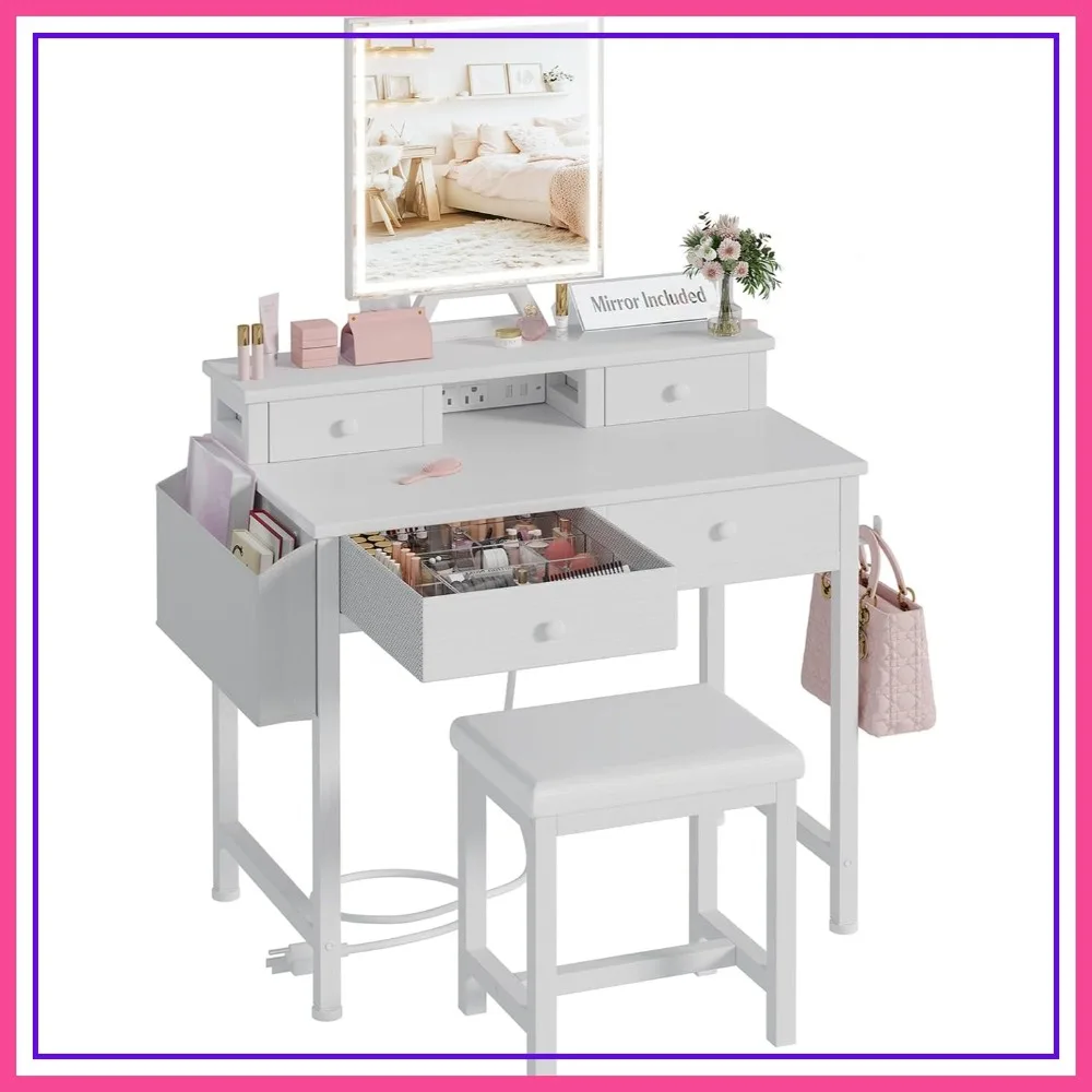 White Vanity Desk with Mirror & Lights, Makeup Set with Chair, Drawers & Power Outlet for Small Spaces
White Vanity Desk with Mirror & Lights, Makeup Set with Chair, Drawers & Power Outlet for Small Spaces