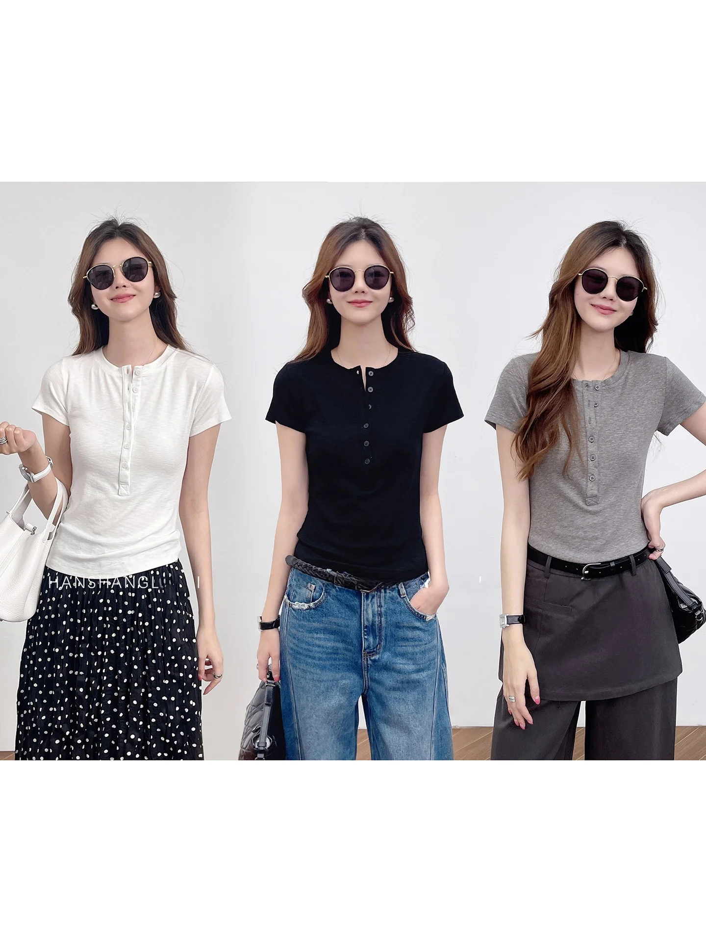 Slim Fit Short Sleeve T-Shirt Women Summer Inner And Outer Wear Button Henry Collar round Neck Regular Length Cotton Blend Top
Slim Fit Short Sleeve T-Shirt Women Summer Inner And Outer Wear Button Henry Collar round Neck Regular Length Cotton Blend Top