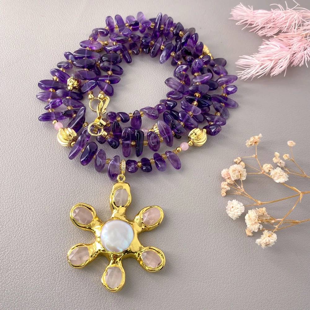 kkGEM 49mm rose quartz white coin pearl pendant 2 Strands 5x19mm Amethyst freeform necklace Wholesale
kkGEM 49mm rose quartz white coin pearl pendant 2 Strands 5x19mm Amethyst freeform necklace Wholesale