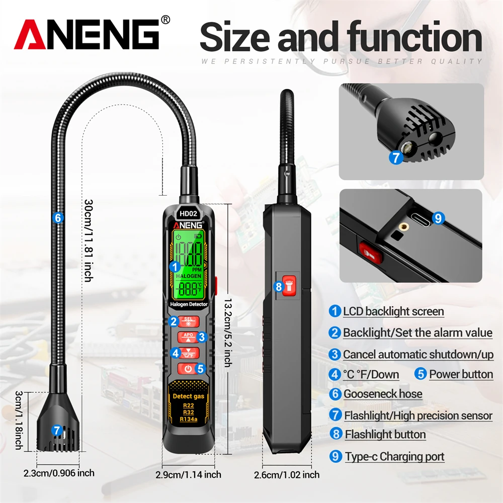 Refrigerant Gas Leak Detection Air Conditioner Detector Halogen Detector High Sensitivity Leak R22/R32/R134a Tester ANENG HD02
Refrigerant Gas Leak Detection Air Conditioner Detector Halogen Detector High Sensitivity Leak R22/R32/R134a Tester ANENG HD02
