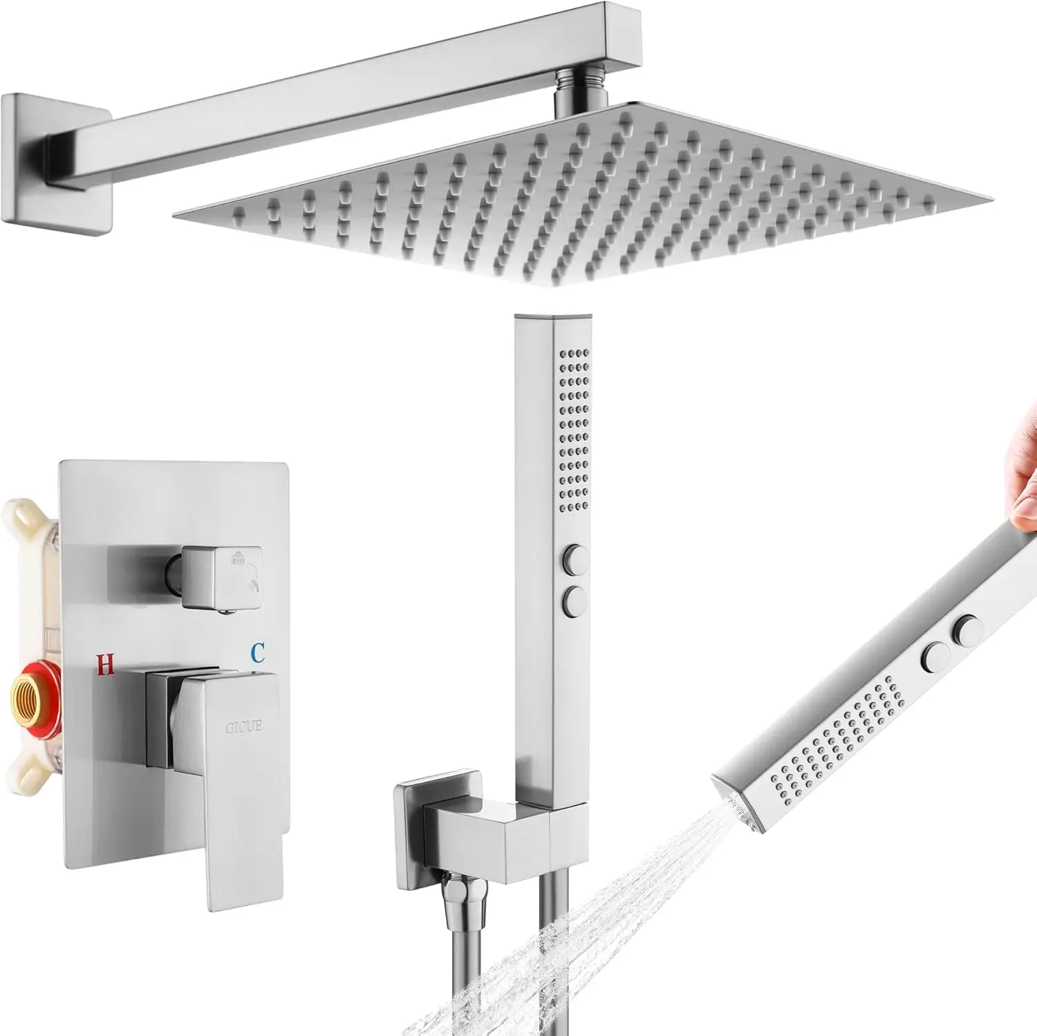 10" Wall Mounted Square Rainfall Shower Head with Handheld Sprayer, Brushed Nickel, Brass & Stainless Steel, Integrated Mixer Valve
10" Wall Mounted Square Rainfall Shower Head with Handheld Sprayer, Brushed Nickel, Brass & Stainless Steel, Integrated Mixer Valve