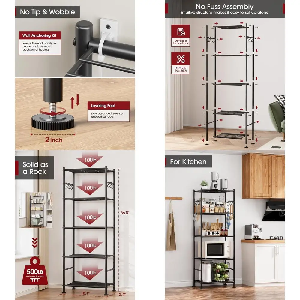 5-Tier Heavy-Duty Storage Shelf Organizer with Hooks, Wobble-Free, Ideal for Garage, Bedroom, Balcony, 18.1x12.4x56.8, Black
5-Tier Heavy-Duty Storage Shelf Organizer with Hooks, Wobble-Free, Ideal for Garage, Bedroom, Balcony, 18.1x12.4x56.8, Black