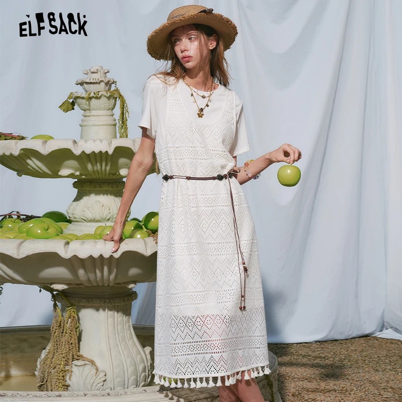 ELFSACK Women's T-Shirt with Hollow Out Lace Dress Set, Basic White Short Sleeve Tee and Crochet Slip Dress, Boho Suit
ELFSACK Women's T-Shirt with Hollow Out Lace Dress Set, Basic White Short Sleeve Tee and Crochet Slip Dress, Boho Suit