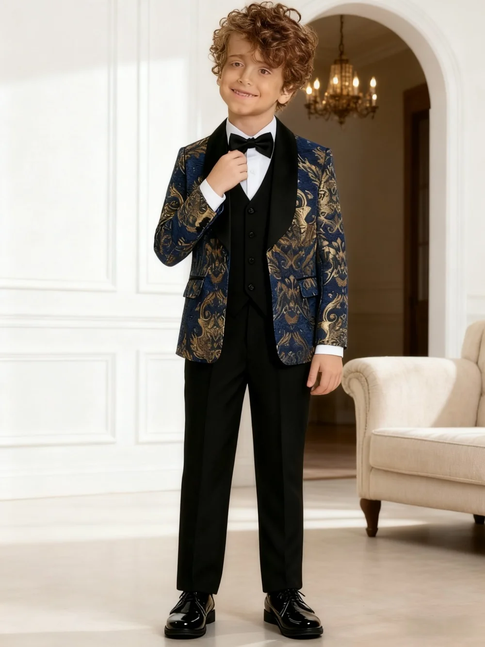 Fashion Gold Jacquard Boy's Suit Trendy Floral Boys' Suit Set For Performance Daily Including Jacket Vest Pants Bow Tie
Fashion Gold Jacquard Boy's Suit Trendy Floral Boys' Suit Set For Performance Daily Including Jacket Vest Pants Bow Tie