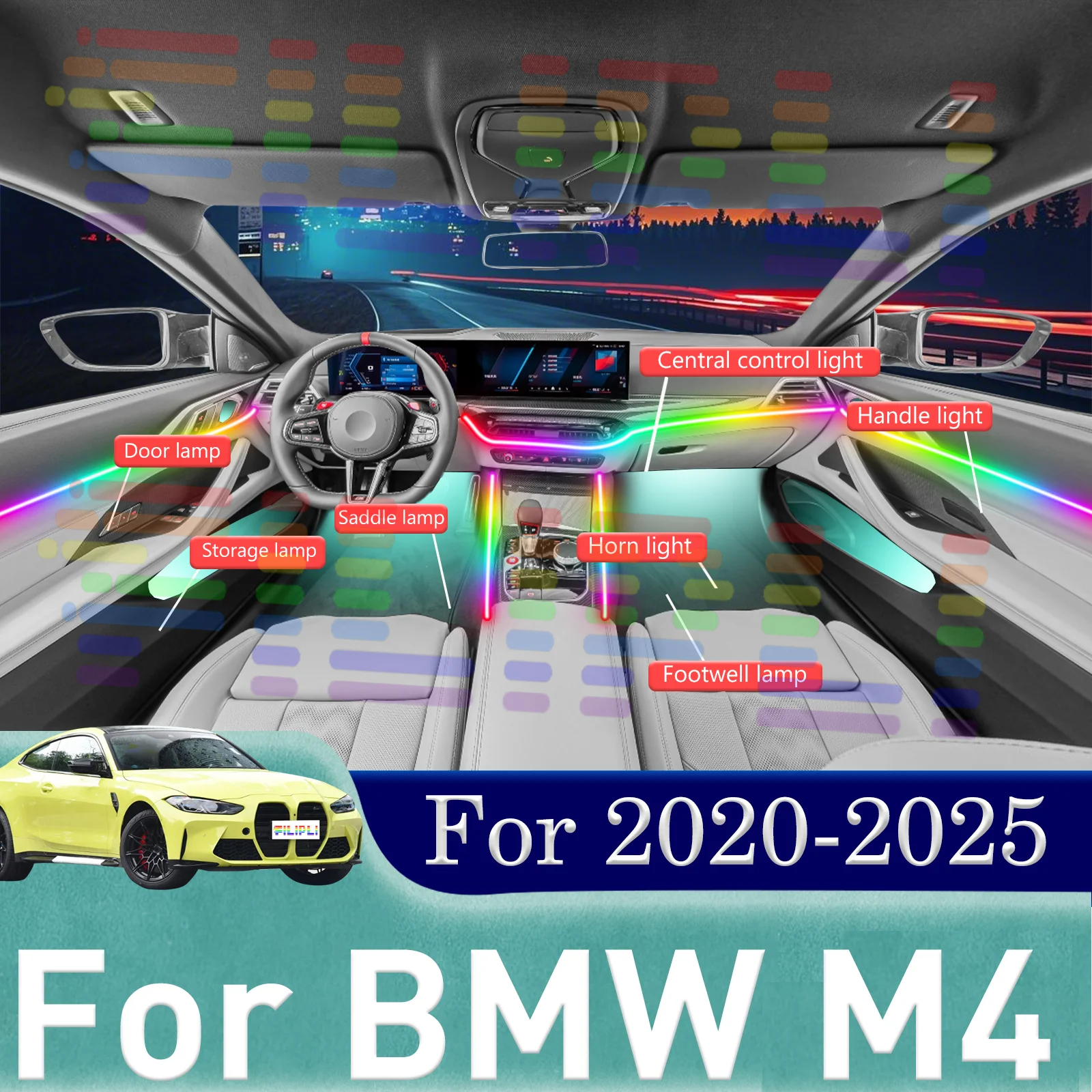 Для BMW M4 64-цветная RGB симфония интерьер автомобиля акриловая направляющая светодиодная лента управление через приложение атмосферная лампа украшение для 2020-2025 гг.
Для BMW M4 64-цветная RGB симфония интерьер автомобиля акриловая направляющая светодиодная лента управление через приложение атмосферная лампа украшение для 2020-2025 гг.