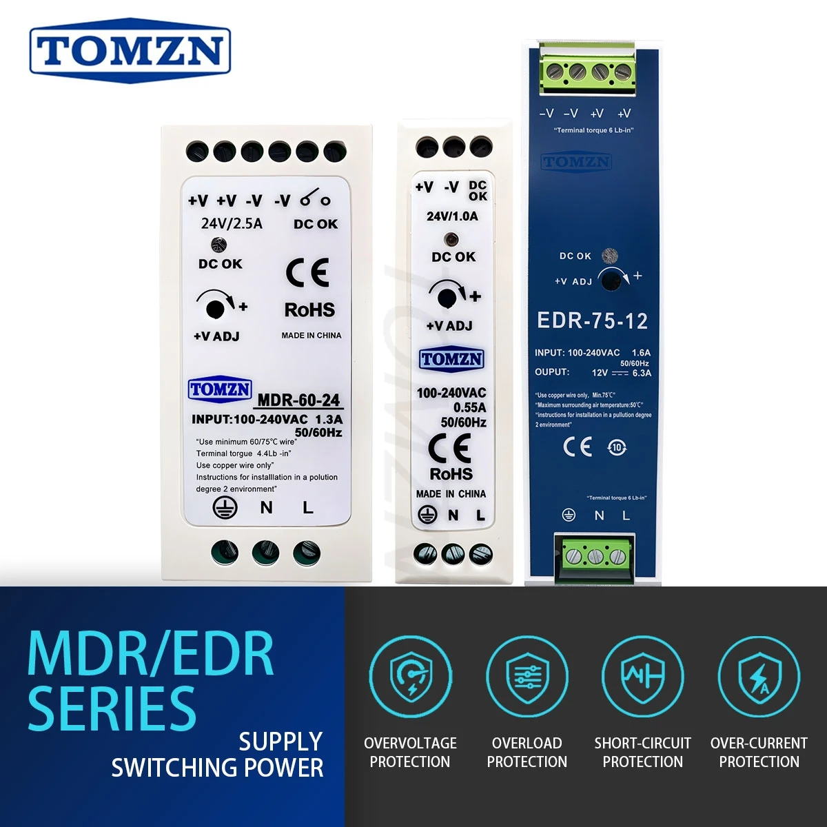 EDR MDR Series Din Rail 20W 60W 75W OVP OCP Overload Protection Short-circuit Protection Low Energy Consumption 110V 220V
EDR MDR Series Din Rail 20W 60W 75W OVP OCP Overload Protection Short-circuit Protection Low Energy Consumption 110V 220V