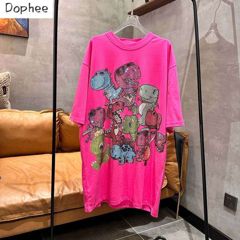 Mid-long Summer Women Dresses Trendy Brand Dinosaur Hot Drilling Loose Oversize Top O-neck Diamonds Short Sleeve Pink Tshirts
Mid-long Summer Women Dresses Trendy Brand Dinosaur Hot Drilling Loose Oversize Top O-neck Diamonds Short Sleeve Pink Tshirts