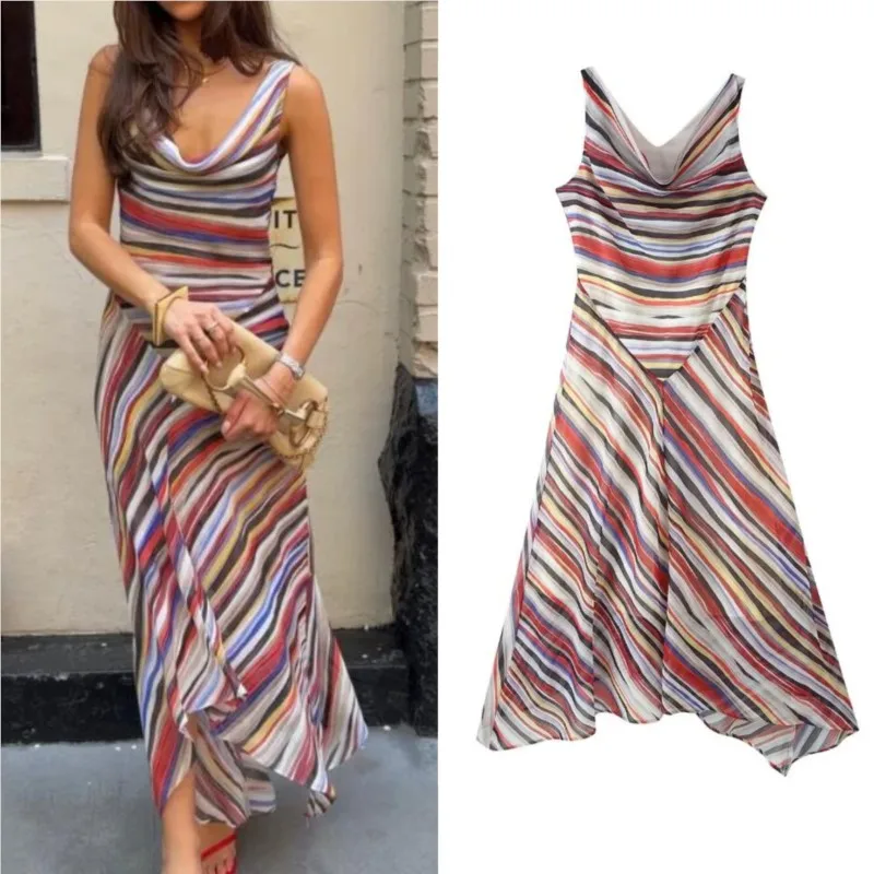 Women's Striped Splicing Dress Summer Swinging Collar Sleeveless Asymmetric Hem Fashion Female Casual Vacation Chic Dresses
Women's Striped Splicing Dress Summer Swinging Collar Sleeveless Asymmetric Hem Fashion Female Casual Vacation Chic Dresses