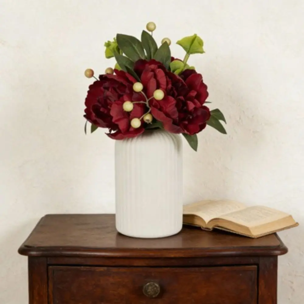 Artificial Red Peony Flowers In Ribbed OffWhite Ceramic Vase
Artificial Red Peony Flowers In Ribbed OffWhite Ceramic Vase