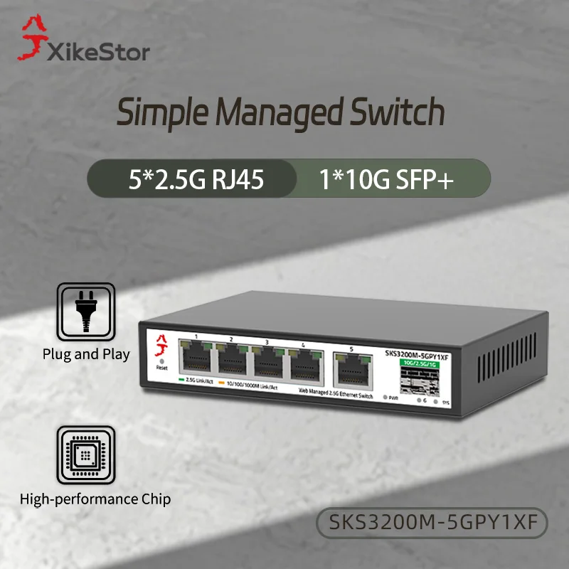 XikeStor 6 Ports 2.5G Simple Ethernet Managed Switch 5*2.5G RJ45 1*10G SFP+Support VLAN Division/Port Aggregation
XikeStor 6 Ports 2.5G Simple Ethernet Managed Switch 5*2.5G RJ45 1*10G SFP+Support VLAN Division/Port Aggregation