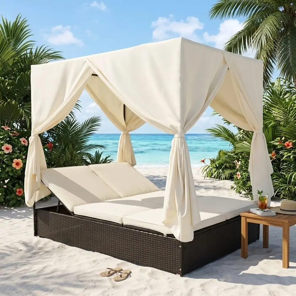 All-Weather Beige Outdoor Wicker Daybed with Cushions, Adjustable Seats, and Curtains for Patio, Poolside, or Garden
All-Weather Beige Outdoor Wicker Daybed with Cushions, Adjustable Seats, and Curtains for Patio, Poolside, or Garden
