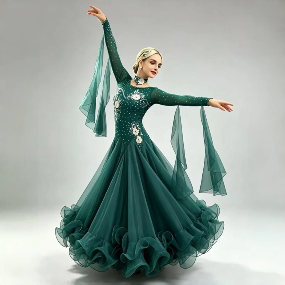 Ballroom Dance Competition Dress Long Sleeve Rhinestone Floral Waltz Modern Dance Costume Big Tulle Swing Performance Gown
Ballroom Dance Competition Dress Long Sleeve Rhinestone Floral Waltz Modern Dance Costume Big Tulle Swing Performance Gown