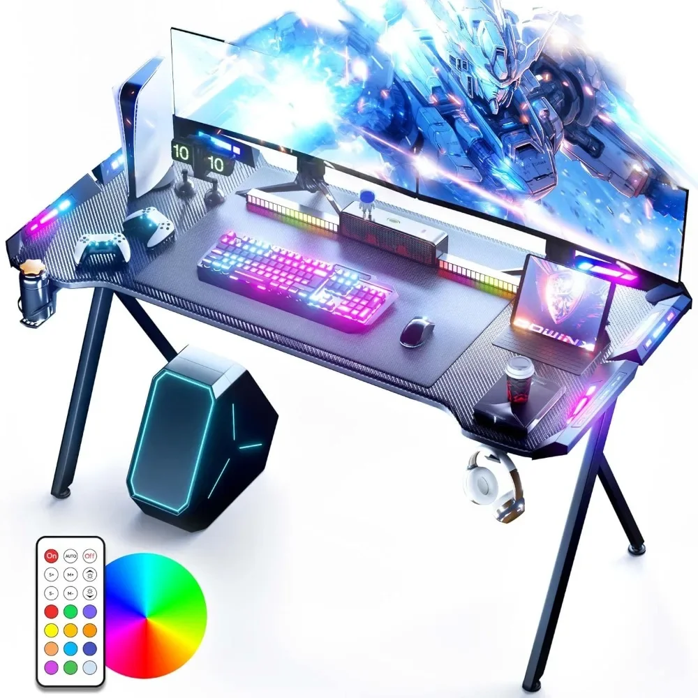 Gaming Desk with LED Lights, RGB Gaming Computer Table with Carbon Fibre Surface, LED Home Office Desk with Remote Control
Gaming Desk with LED Lights, RGB Gaming Computer Table with Carbon Fibre Surface, LED Home Office Desk with Remote Control