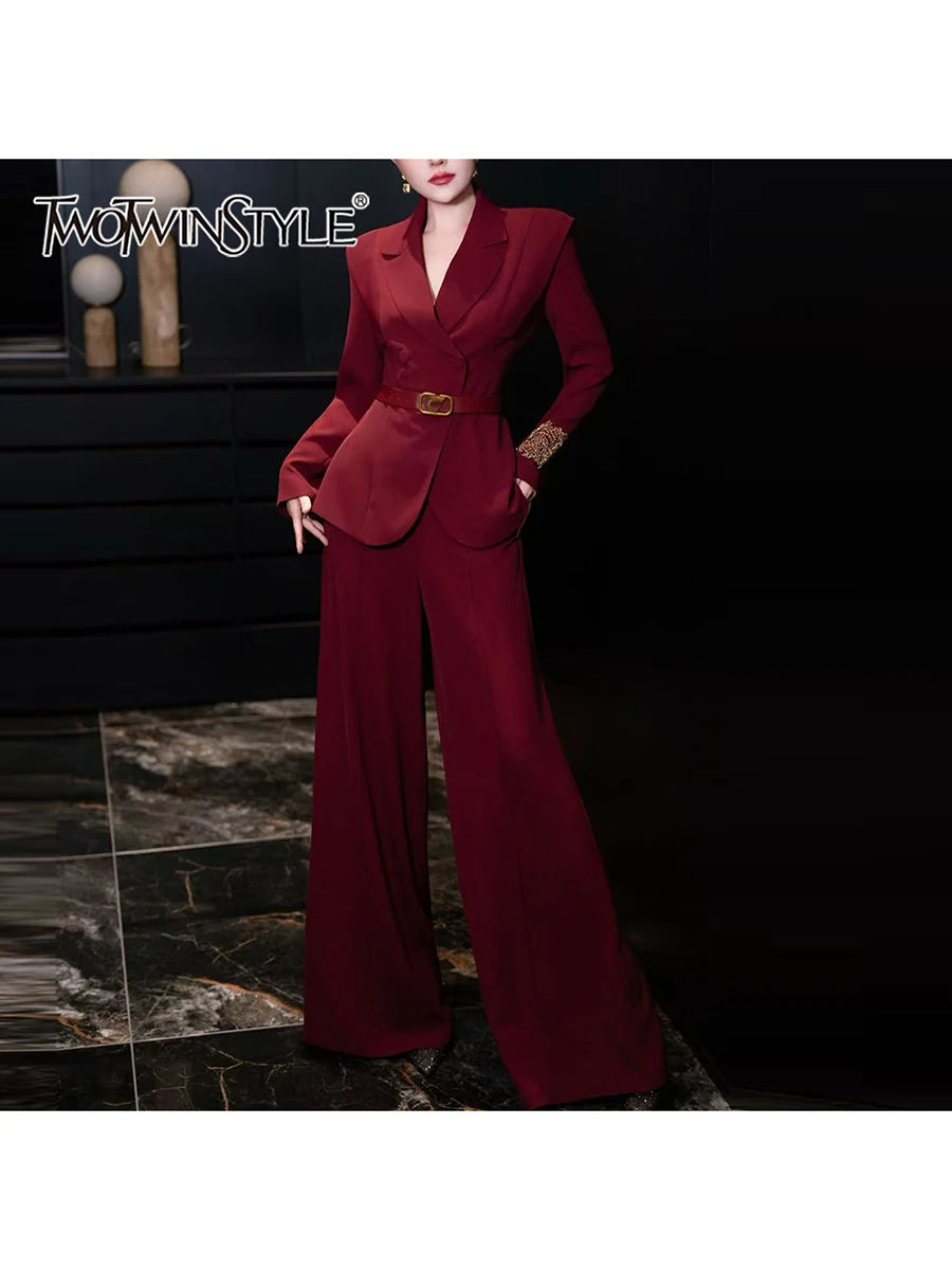 TWOTWINSTYLE Solid Two Piece Sets for Women Lapel Long Sleeves Spliced Belt Top Wide Leg Pant Temperament Set Female Clothing
TWOTWINSTYLE Solid Two Piece Sets for Women Lapel Long Sleeves Spliced Belt Top Wide Leg Pant Temperament Set Female Clothing