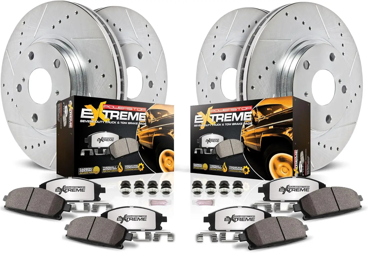 PowerStop Front & Rear Brake Kit For Cadillac Escalade 2021-24 |Chevrolet Silverado 1500 2019-24 - Truck & Tow Carbon Fiber Ceramic Brake Pads + Drilled & Slotted Rotors Upgrade,
PowerStop Front & Rear Brake Kit For Cadillac Escalade 2021-24 |Chevrolet Silverado 1500 2019-24 - Truck & Tow Carbon Fiber Ceramic Brake Pads + Drilled & Slotted Rotors Upgrade,