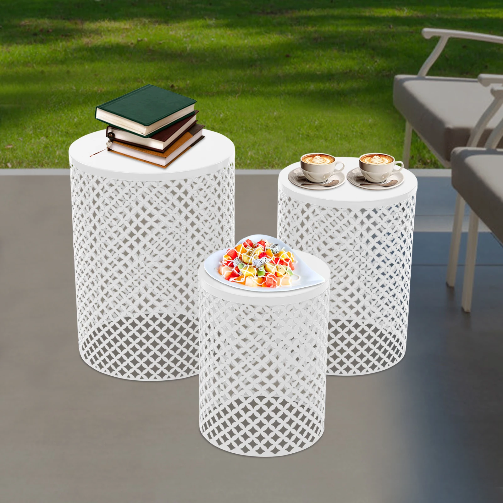 Outdoor Side Table, Set of 3 Cylindrical Patio Desks, Metal Frame Accent End Vintage Decor for Indoor Garden Balcony Cafe Park
Outdoor Side Table, Set of 3 Cylindrical Patio Desks, Metal Frame Accent End Vintage Decor for Indoor Garden Balcony Cafe Park