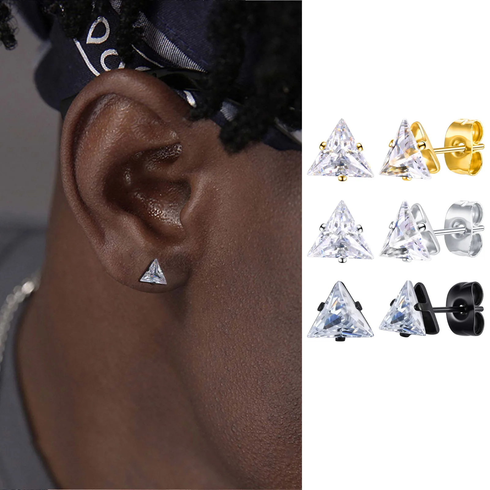 AAA CZ Stone Stud Earrings for Men Boys,Small Triangle Metal Earrings with Stainless Steel Butterfly Buckle,Casual Jewelry Gifts 
AAA CZ Stone Stud Earrings for Men Boys,Small Triangle Metal Earrings with Stainless Steel Butterfly Buckle,Casual Jewelry Gifts