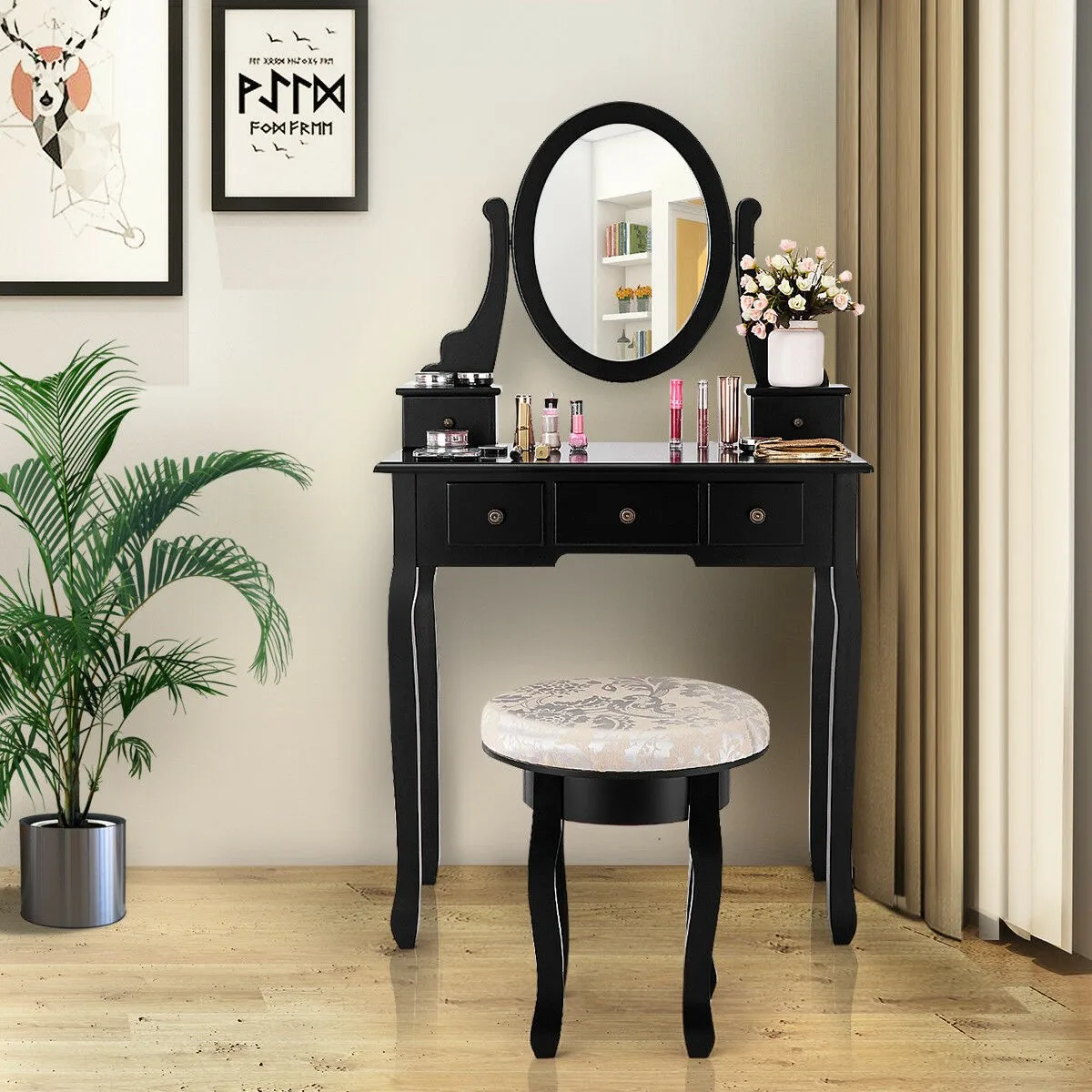 Vanity Table Set Makeup Table Cushioned Stool Mirror 5 Drawers Black
Vanity Table Set Makeup Table Cushioned Stool Mirror 5 Drawers Black