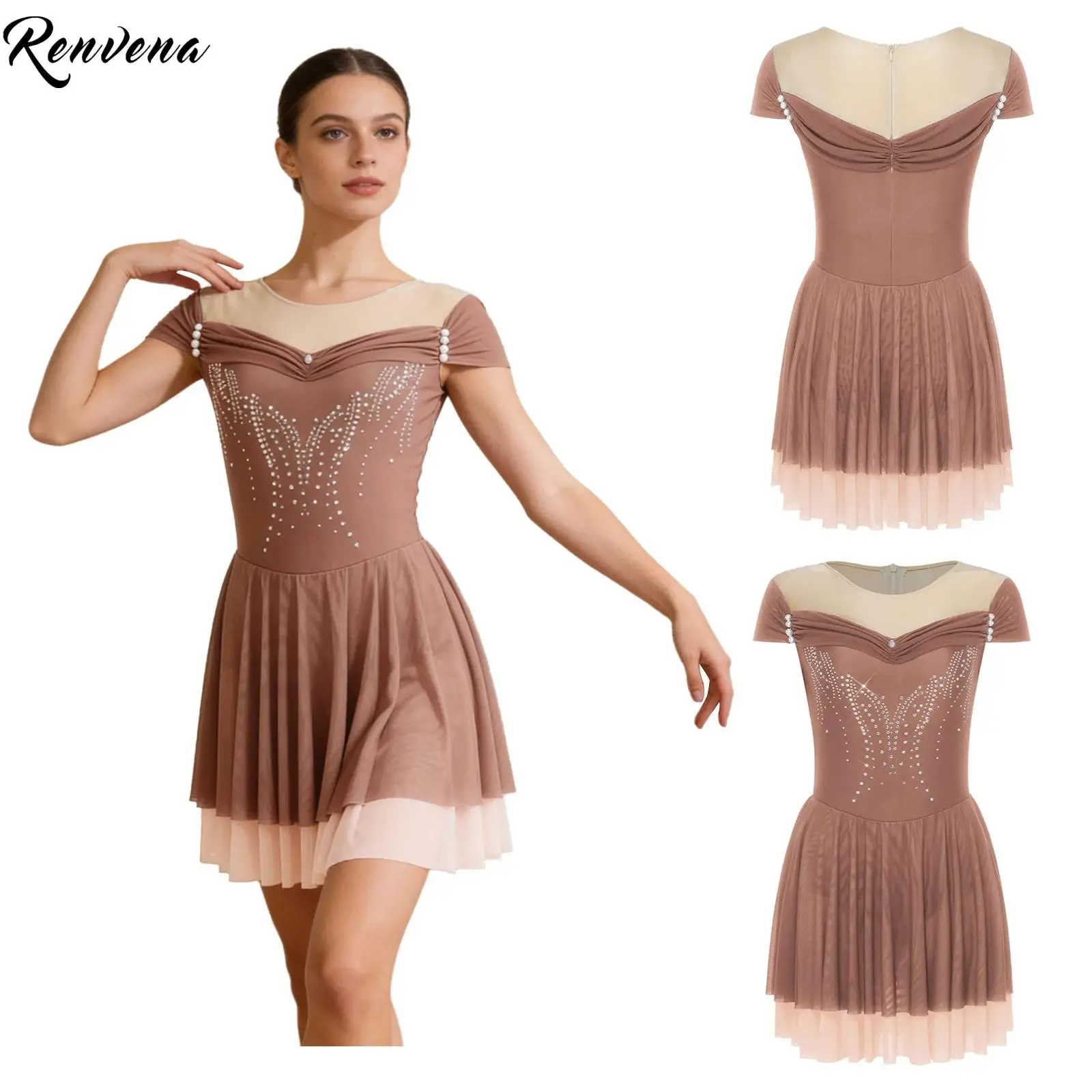 Womens Figure Skating Dress Rhinestones Cap Sleeve Tiered Color Blocking Mesh Hem Leotard Dress for Stage Performance Wear
Womens Figure Skating Dress Rhinestones Cap Sleeve Tiered Color Blocking Mesh Hem Leotard Dress for Stage Performance Wear