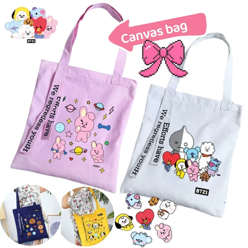 BT21 COOKY CHIMMY TATA Anime Cartoon Character Pattern Canvas Handbag Personalized Girl's Heart Large Capacity Shoulder Bag Gift
BT21 COOKY CHIMMY TATA Anime Cartoon Character Pattern Canvas Handbag Personalized Girl's Heart Large Capacity Shoulder Bag Gift